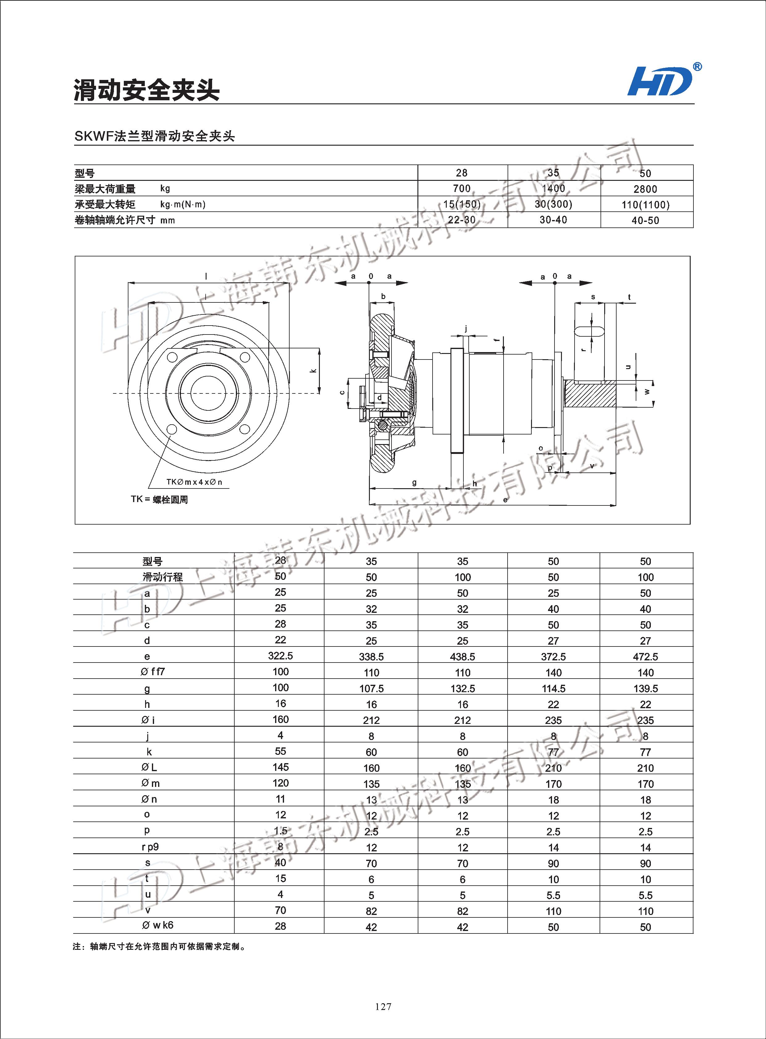 法蘭型滑動安全夾頭SKWF參數(shù)圖 滑動安全夾頭